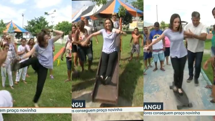 Susana Naspolini jogou capoeira, desceu no escorrega e andou de skate no "RJTV" - Reprodução/Globo - Reprodução/Globo