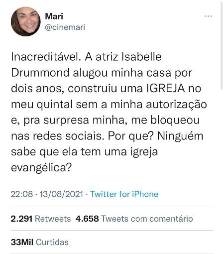 Mulher acusa Isabelle Drummond de construir igreja no quintal de casa alugada - Reprodução/Twitter - Reprodução/Twitter
