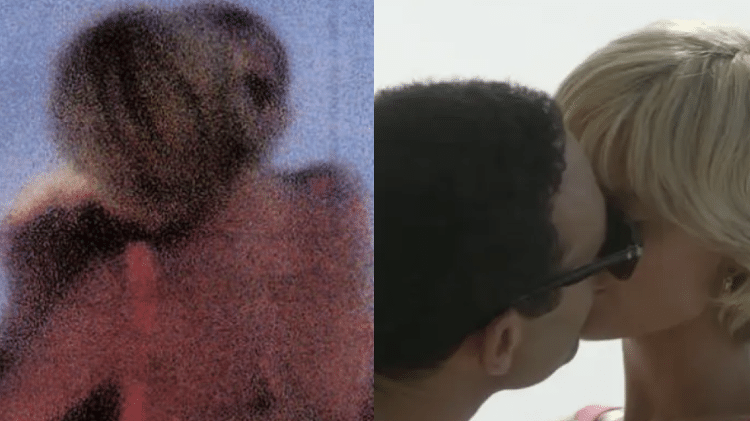 À esquerda, capa do jornal Sunday Mirror com a primeira fotografia de Diana e Dodi se beijando; à direita, cena de The Crown