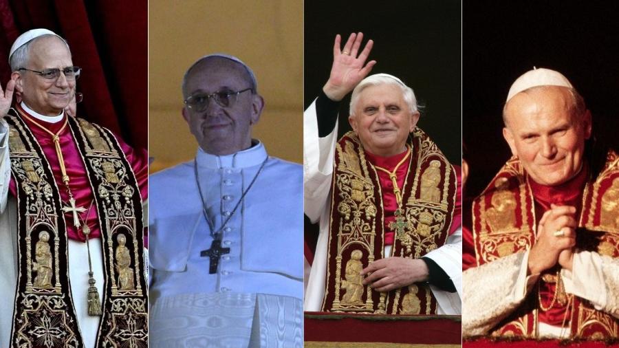Da esquerda para direita, os papas Leão 14, Francisco, Bento 16 e João Paulo 2º Da esquerda para direita, os papas Leão 14, Francisco, Bento 16 e João Paulo 2º