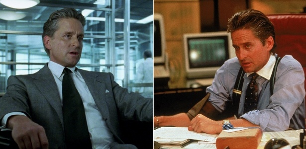 Michael Douglas rejuvenescido por efeitos especiais em "Homem-Formiga" (esq.), em cena que se passa em 1989, e no filme "Wall Street", de 1987 - Divulgação/Montagem UOL