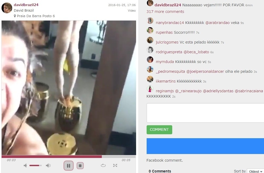 25.jan.2016 - Deu a louca no David Brazil! No Instagram, o promoter resolveu causar entre seus seguidores ao publicar um vídeo acelerado em que aparece dançando e cantando, completamente nu - Reprodução/Instagram/davidbrazil24