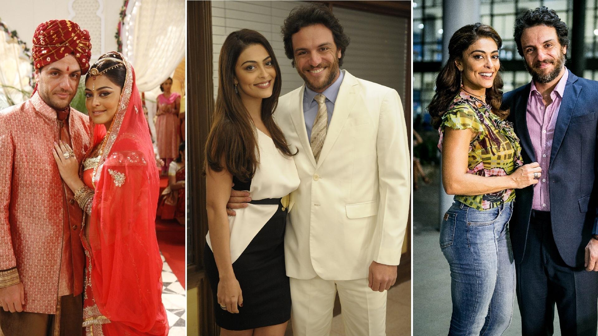 Em "A Força do Querer" (à direita), Juliana Paes e Rodrigo Lombardi serão Bibi e Caio, reeditando as parcerias de "Caminho das Índias", como Maya e Raj, e "O Astro", como Nina e Herculano - Montagem UOL/divulgação