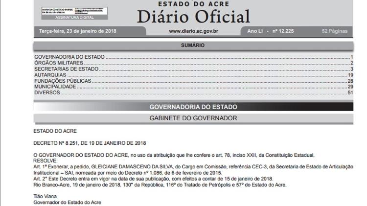 "BBB" é exonerada de cargo no Governo do Estado do Acre  - Reprodução/Diário Oficial do Acre - Reprodução/Diário Oficial do Acre