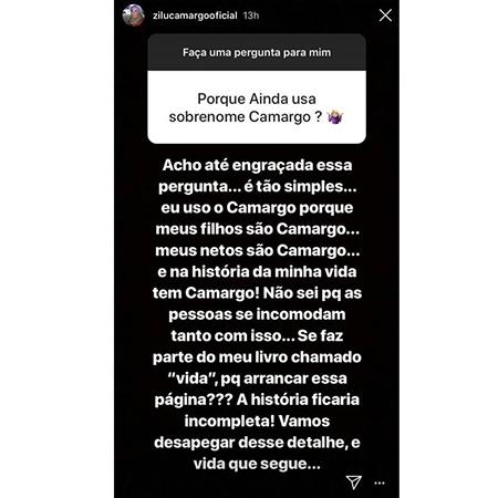 Zilu reponde a seguidor por que mantém sobrenome Camargo - Reprodução/Instagram - Reprodução/Instagram