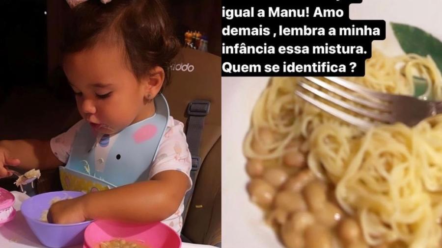 Manu, filha de Ticiane Pinheiro e César Tralli, jantando macarrão com feijão - Reprodução/ Instagram @ticipinheiro