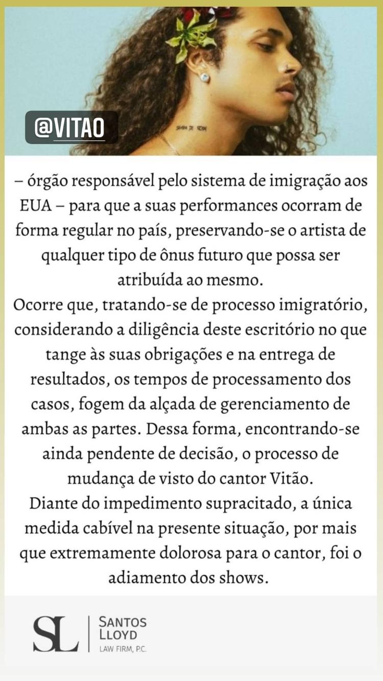 Vitão compartilhou texto - Reprodução/Instagram @santoslloydlaw - Reprodução/Instagram @santoslloydlaw