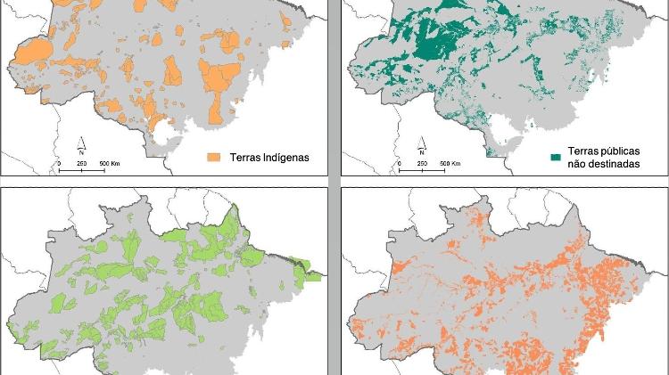 Nos mapas à esquerda, as áreas de preservação já existentes na Amazônia brasileira (Terras Indígenas e Unidades de Conservação); nos mapas à direita, as áreas ainda não protegidas e que devem ser consideradas para preservação. - Silva et al. - Silva et al.