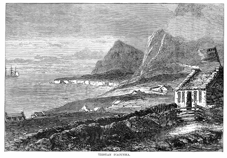 Gravura de 1878 mostra a paisagem de Tristão da Cunha no início do assentamento no século 19