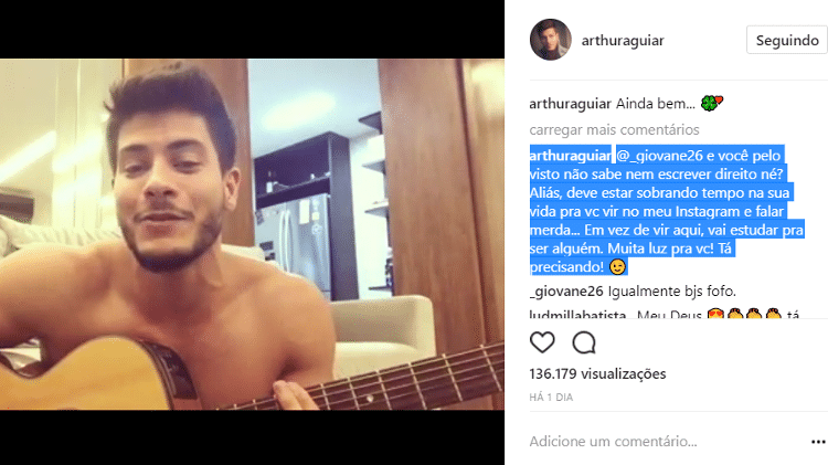 Arthur Aguiar briga com seguidor que criticou sua voz - Reprodução/Instagram/arthuraguiar - Reprodução/Instagram/arthuraguiar