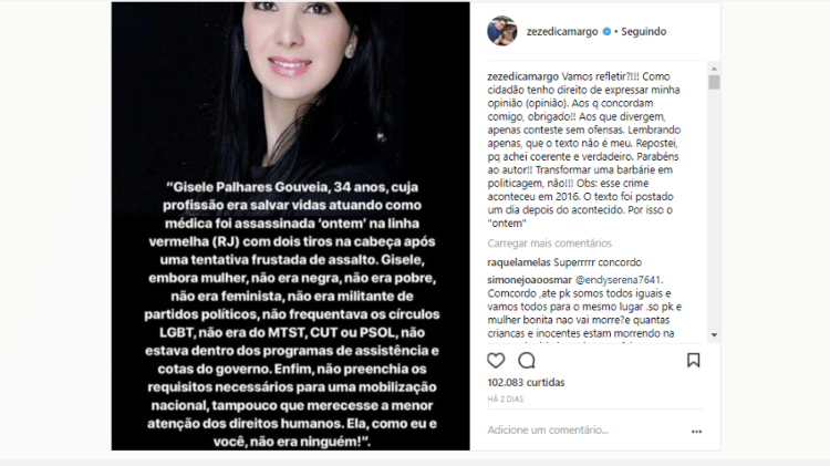 Zezé Di Camargo faz post no Instagram - Reprodução/Instagram - Reprodução/Instagram