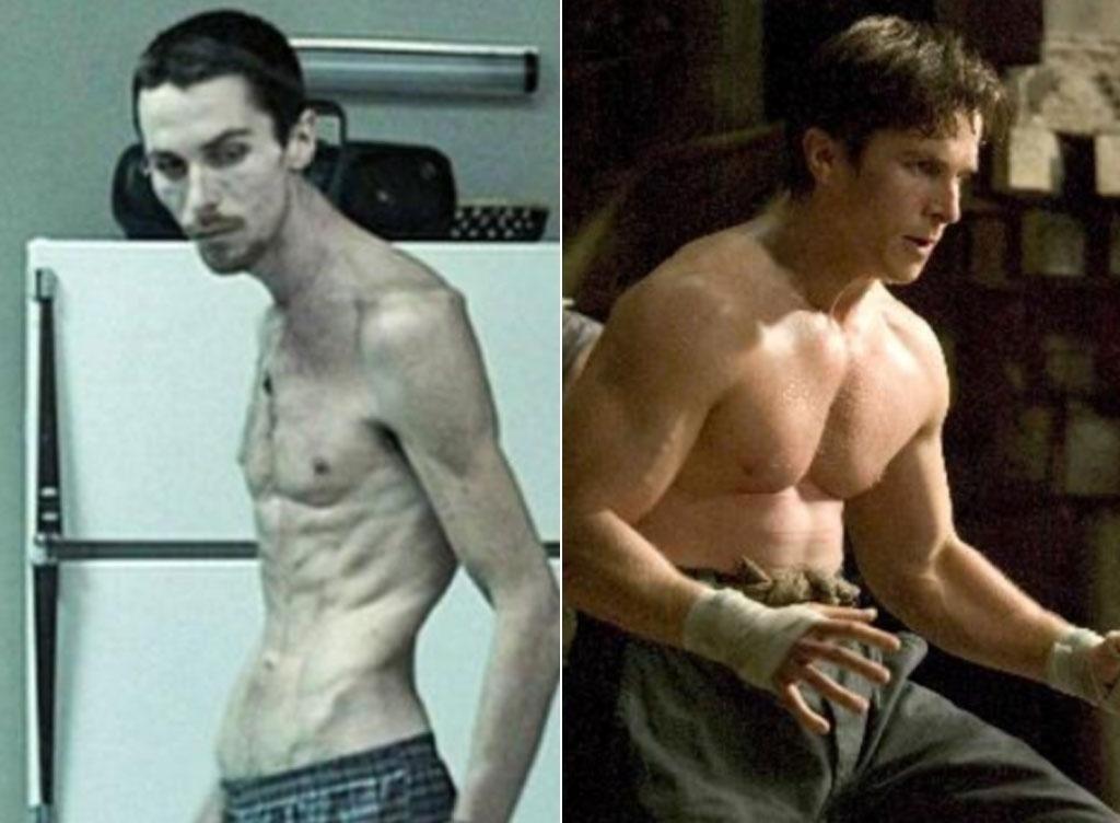 À esquerda, ator Christian Bale em cena no filme "O Operário" (2004). À direita, em "Batman Begins" (2005) - Divulgação