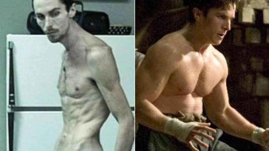 À esquerda, ator Christian Bale em cena no filme O Operário (2004). À direita, em Batman Begins (2005) - Divulgação