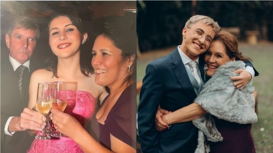 Benjamin Nicolau com os pais, em sua festa de 15 anos, e com a mãe, em seu casamento, 11 anos depois - Reprodução/Twitter