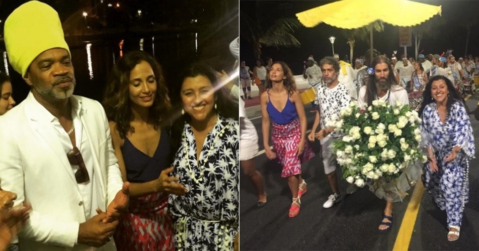 2.fev.2016 - Na Bahia, Regina Casé, Camila Pitanga e Carlinhos Brown comemoram o Dia de Iemanjá. O trio participa de uma procissão e homenageia com flores brancas o orixá cultuado por religiões de matriz africana - Reprodução/Instagram/reginacase