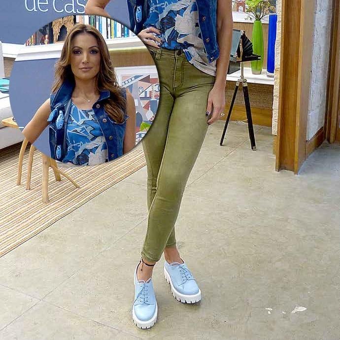 Peças de figurino mais pedidas da Globo em setembro - O sapato atform azul, usado pela apresentadora Patricia Poeta, no É de Casa, do dia 17/09, é da Carmim - Divulgação/Globo