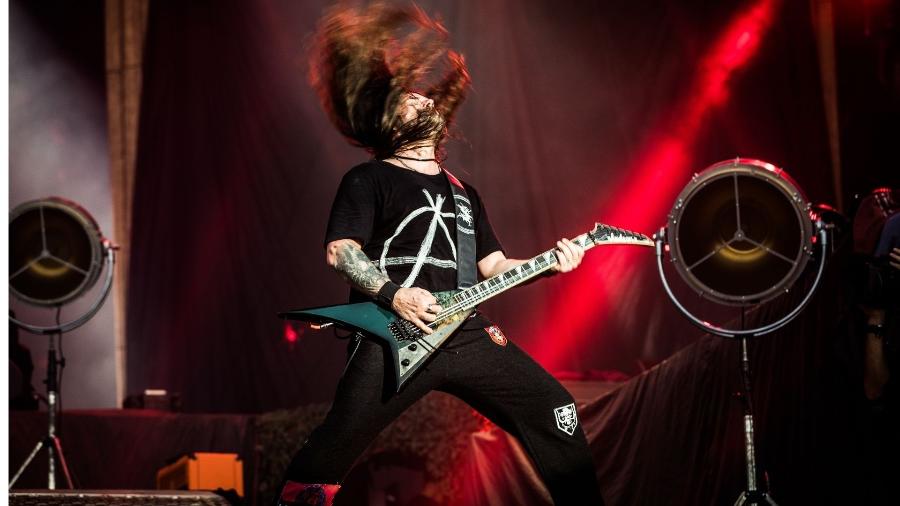 Andreas Kisser, guitarrista do Sepultura, que inicia sua turnê final no dia 1º de março, em BH, durante apresentação no Rock in Rio 2019