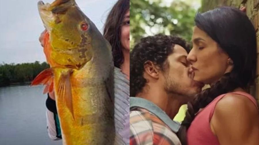 Guito compara peixe de Tadeu (José Loreto) por beijo em Zefa (Paula Barbosa) - Reprodução/Instagram e TV Globo