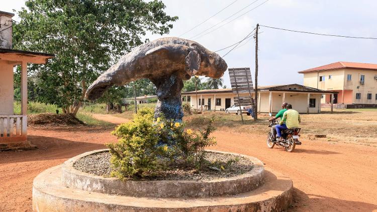 Estátua de um peixe-boi está em uma rotatória na cidade de Dizangué