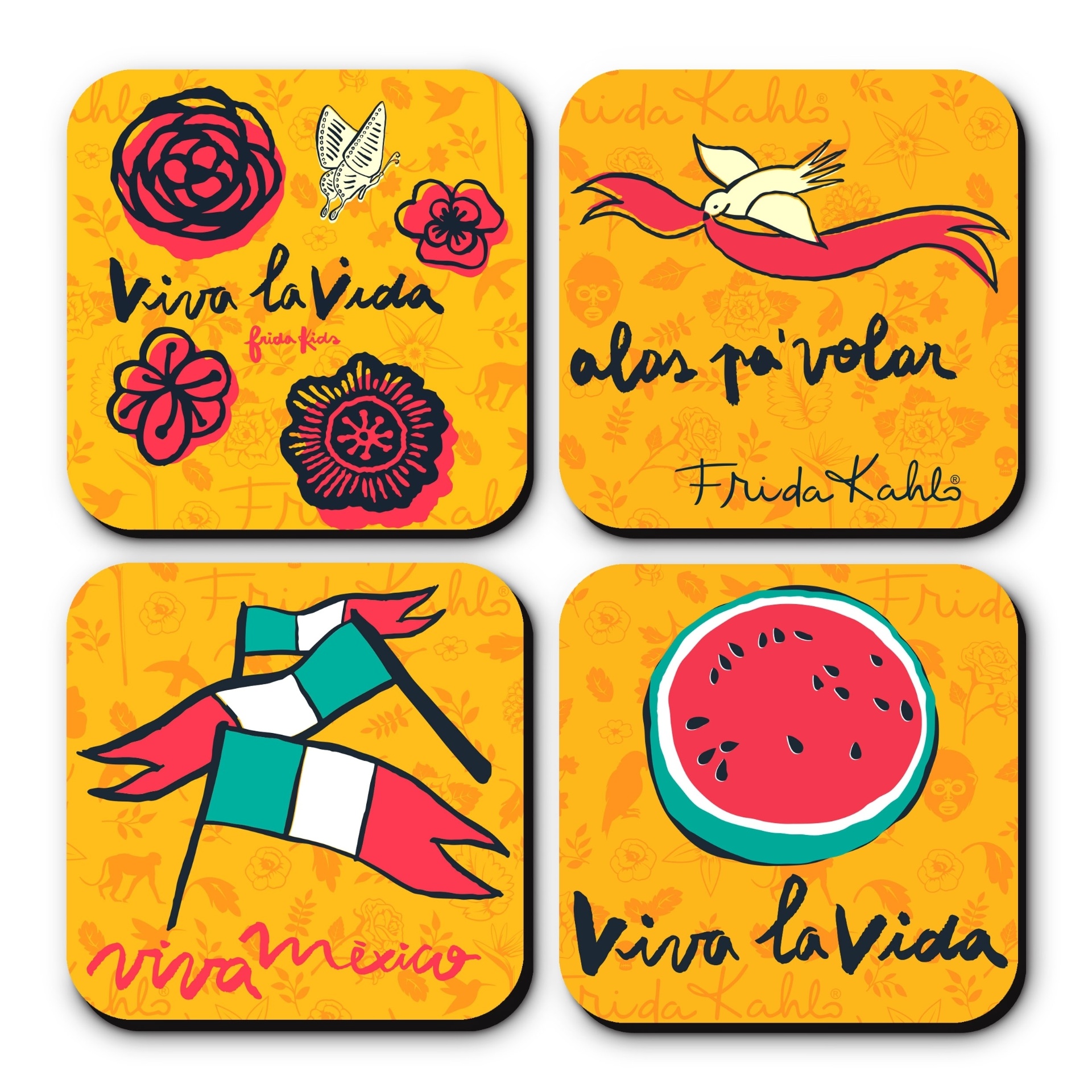 O porta copos Frida Kahlo mede 8,5 cm x 8,5 cm (cada) e está à venda na Lili Wood (www.liliwood.com.br) por R$ 20 (com quatro unidades) - Divulgação