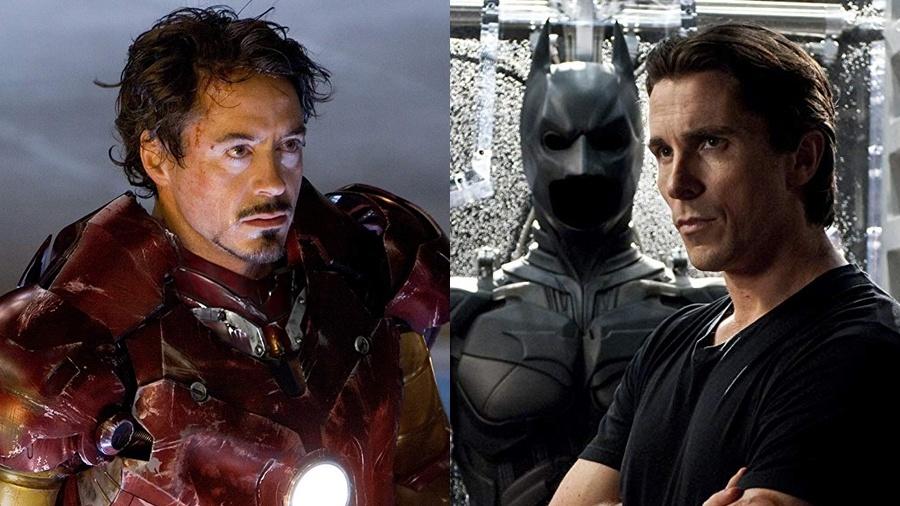 Robert Downey Jr. em Homem de Ferro (2008) e Christian Bale em The Dark Knight (2008) - Divulgação