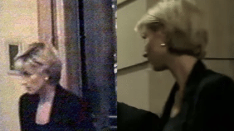À esquerda, Diana pouco antes do acidente fatal de carro em 31 de agosto de 1997; à direita, cena de The Crown