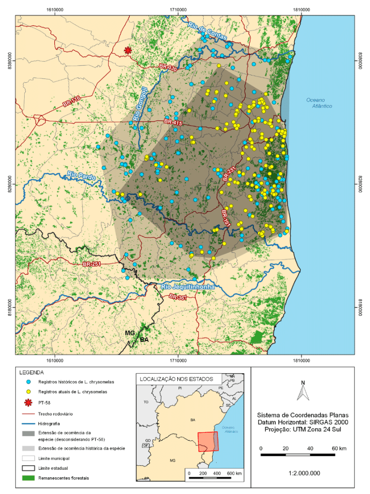 Extensão e registros de ocorrência histórica (mancha clara e pontos azuis, coletados entre 1991 e 1993) e atual (mancha escura e pontos amarelos, coletados entre 2018 e 2022) do mico-leão-da-cara-dourada