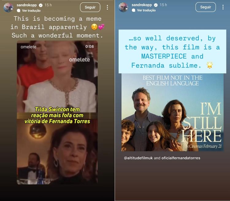 Sandro Kopp, marido de Tilda Swinton, ficou sabendo que a reação da atriz à vitória de Fernanda Torres viralizou no Brasil