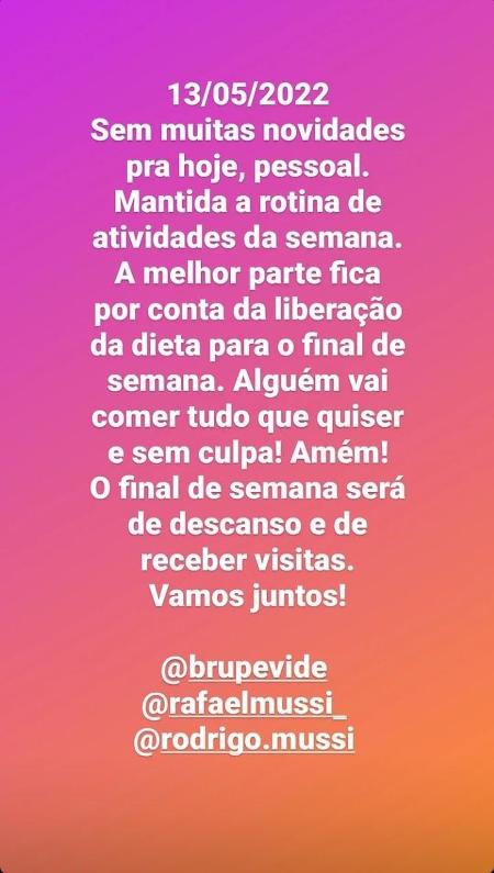 BBB 22: Rodrigo Mussi é liberado de dieta no fim de semana - Reprodução/Instagram - Reprodução/Instagram
