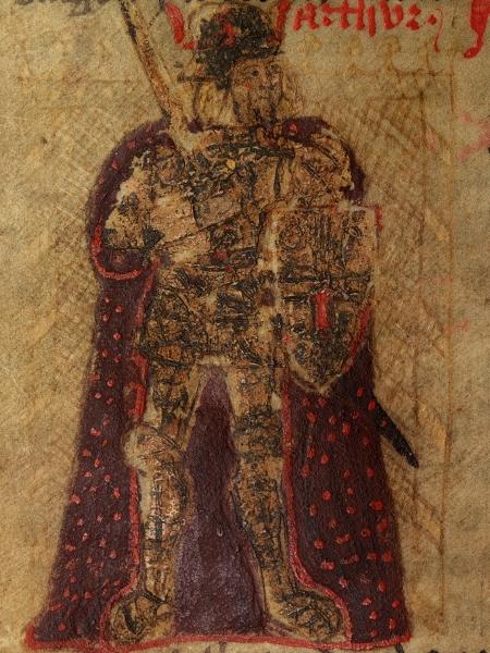 Rei Artur em uma ilustração do século 15, da versão em galês da obra de Godofredo de Monmouth