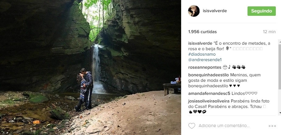 12.jun.2016 - "É o encontro de metades, a rosa e o beija flor!", escreveu a atriz Isis Valverde na legenda da foto com o namorado, o modelo André Resende - Reprodução/Instagram/isisvalvelde