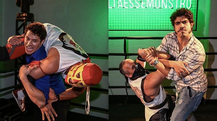 José Loreto e Caio Castro brincam com lutadores durante evento em São Paulo - Raphael Castello/AgNews - Raphael Castello/AgNews