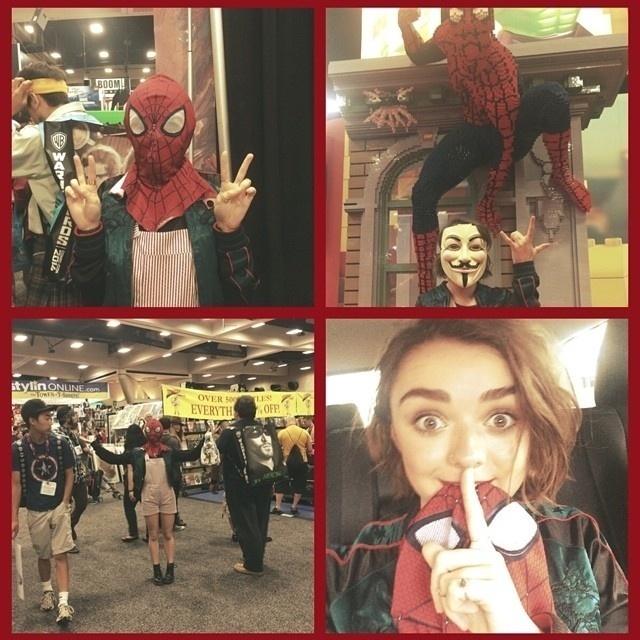 Maisie Williams andou pela San Diego Comic-Con, em 2014, com uma máscara de Homem-Aranha - Reprodução/Instagram