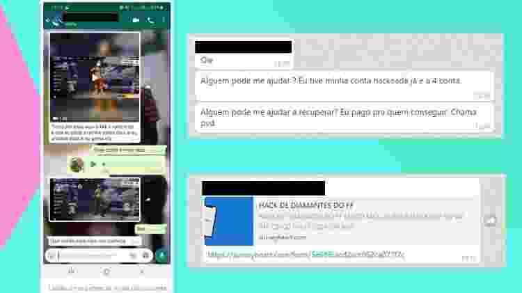 Cenas comuns nos grupos: usuários denunciando "ladrões", outros divulgando links suspeitos, enquanto alguns pedem ajuda para recuperar contas perdidas - Reprodução