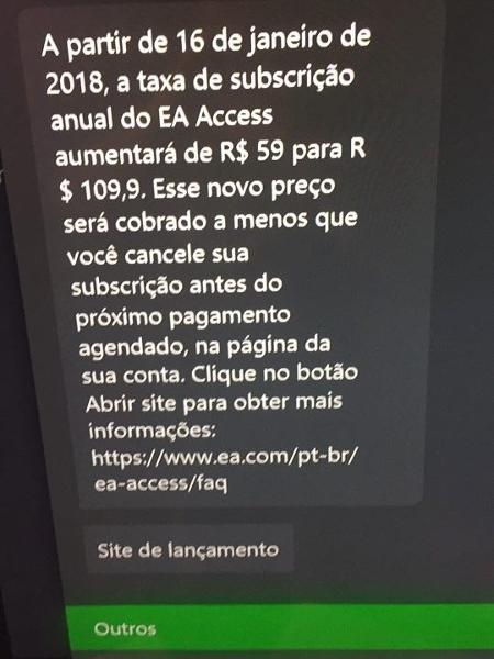 Mensagem enviada a assinantes do EA Access no Xbox One