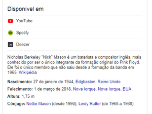 Nick Mason, baterista do Pink Floyd, dado como morto em busca no Google - Reprodução - Reprodução