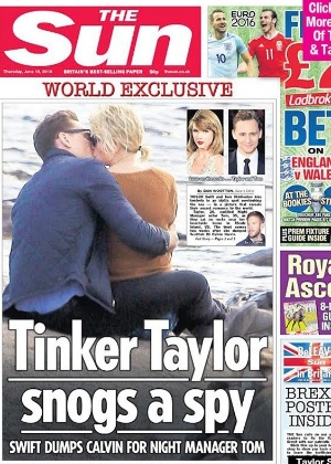 Capa do jornal "The Sun" mostra Taylor Swift aos beijos com o ator Tom Hiddleston - Reprodução/TheSun