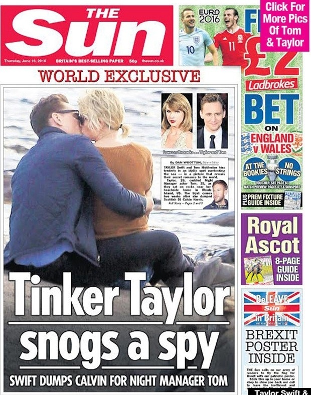 15.jun.2016 - Capa do jornal "The Sun" mostra Taylor Swift aos beijos com o ator Tom Hiddleston - Reprodução/TheSun