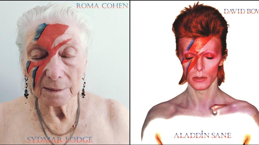 Moradora da casa de repouso Sydmar Lodge, na Inglaterra, posa para recriação da capa do álbum "Aladdin Sane" de David Bowie - Reprodução/Twitter