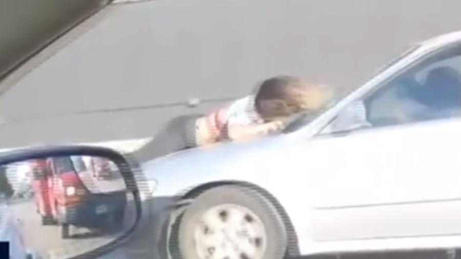 Mulher se pendura em capô de carro para salvar cachorro  - Reprodução