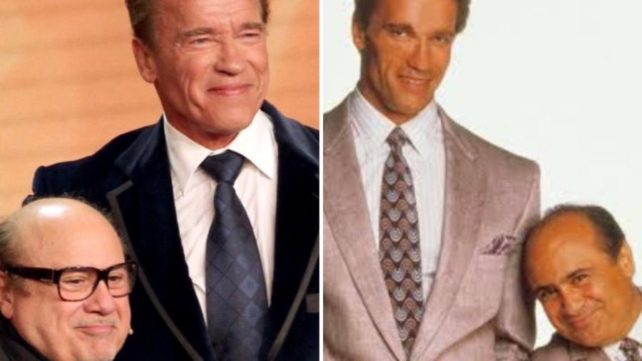 Danny DeVito e Arnold Schwarzenegger no Oscar (à esq.) e no filme 'Irmãos Gêmeos' (à dir.)