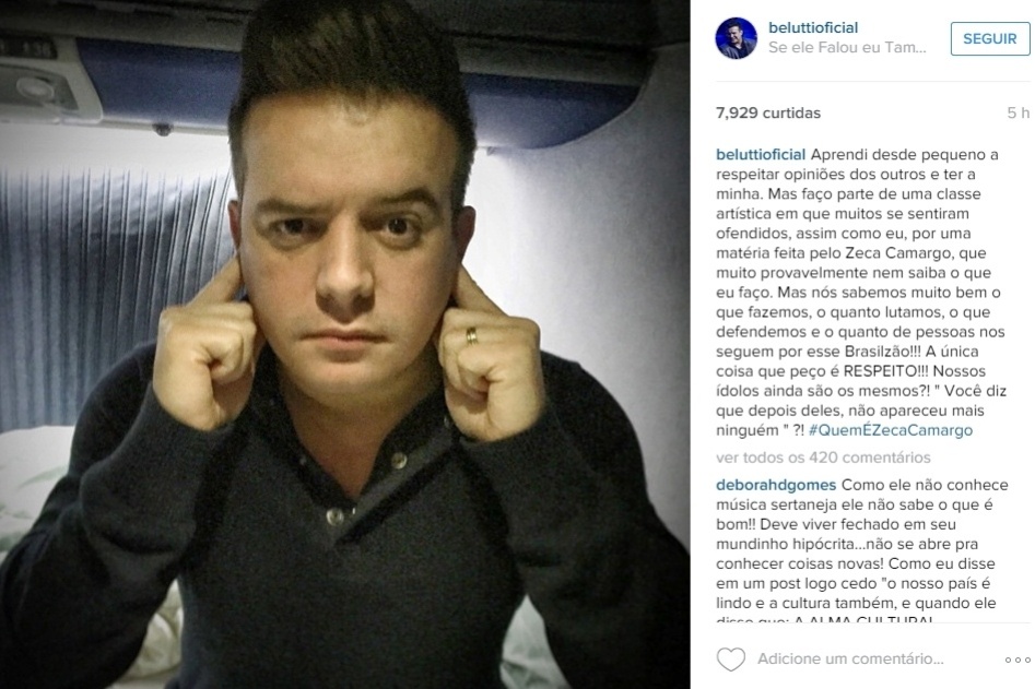 Belutti, da dupla com Marcos: "Faço parte de uma classe artística em que muitos se sentiram ofendidos, assim como eu, por uma matéria feita pelo Zeca Camargo, que muito provavelmente nem saiba o que eu faço" - Reprodução/Instagram