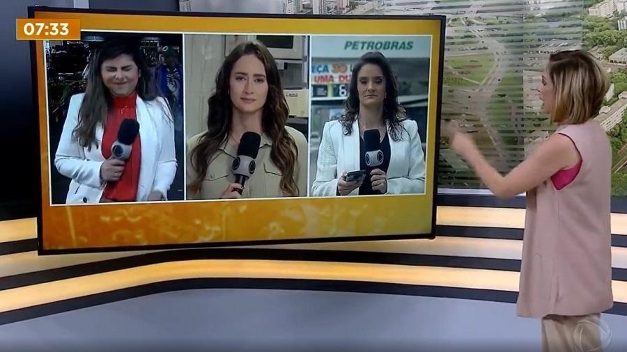 Jessica Nascimento, repórter da RecordTV Brasília, foi atingida por um tomate ao vivo - Reprodução/RecordTV