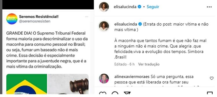 Elisa Lucinda comemora descriminalização da maconha