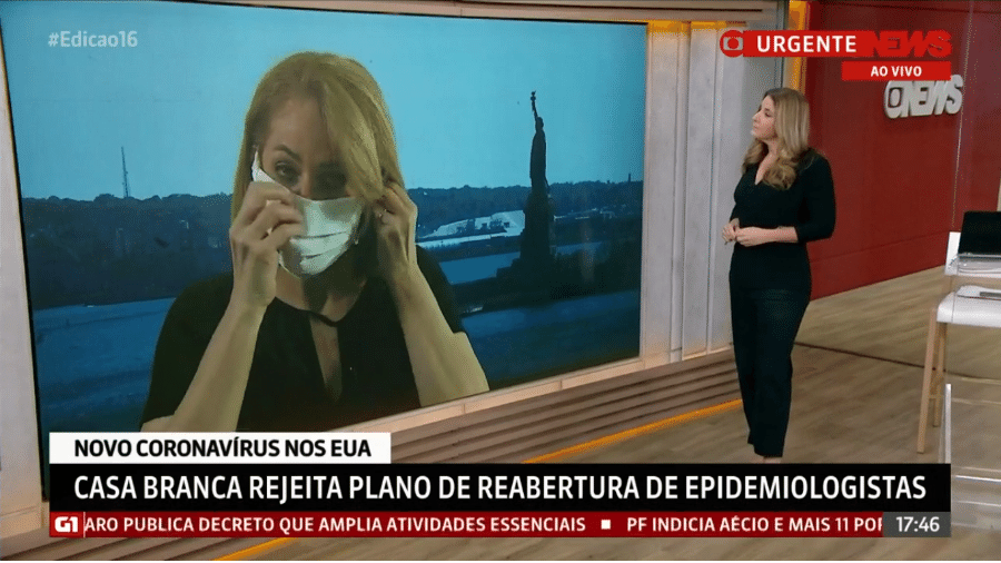 Sandra Coutinho coloca máscara na GloboNews - Reprodução/GloboNews
