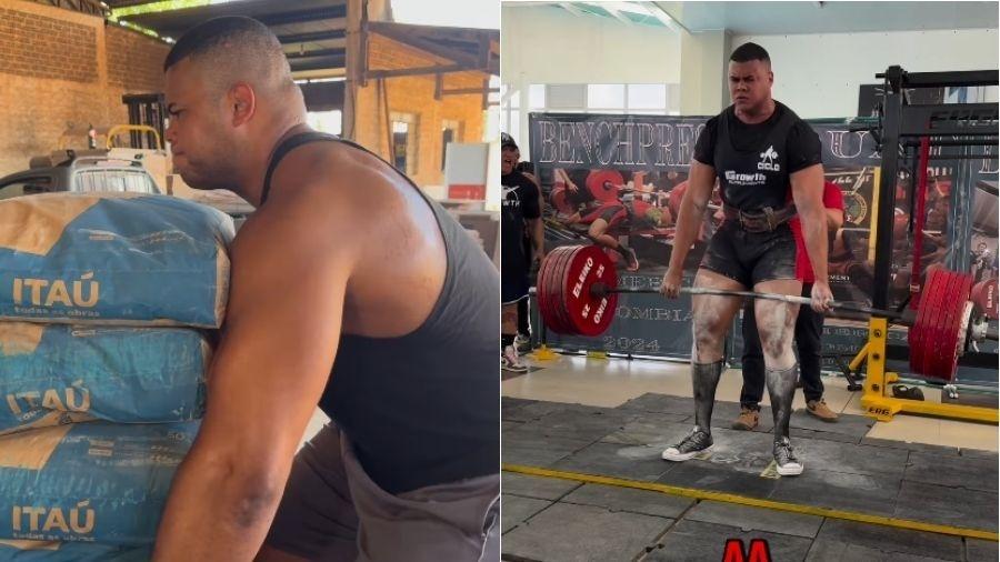 Bitelo começou levantando sacos de cimento na obra e já chamava a atenção pela força descomunal ao erguer 200 kg Bitelo começou levantando sacos de cimento na obra e já chamava a atenção pela força descomunal ao erguer 200 kg