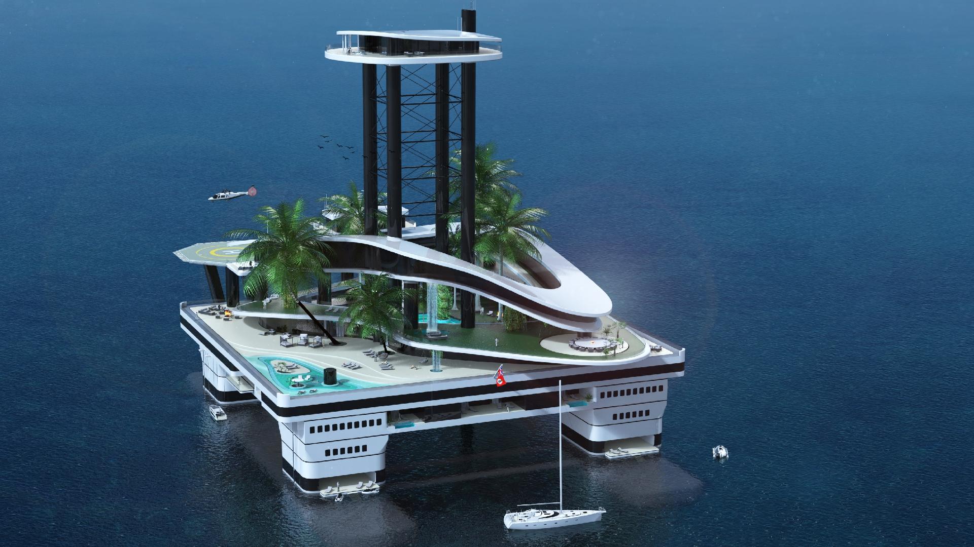 O projeto tem como dimensões máximas: 117 m de comprimento e 78 m de largura. O ponto mais alto fica 80 m acima da superfície da água. Suas grandes medidas são possíveis por conta do tipo de casco utilizado, que oferece resistência - Divulgação