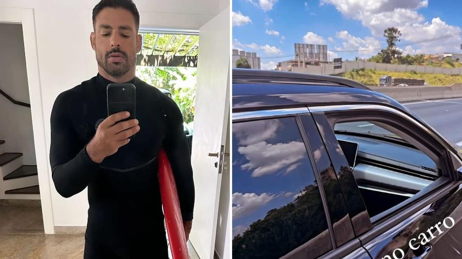 Cauã Reymond conta com ajuda de dois homens para repor gasolina no carro