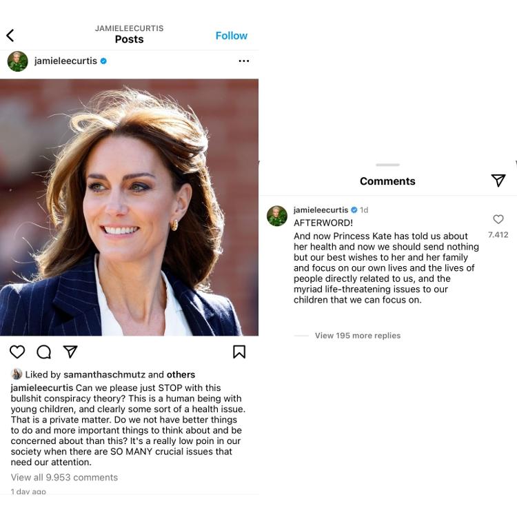 Post de Jamie Lee Curtis sobre as teorias em cima do então sumiço sem explicação de Kate Middleton