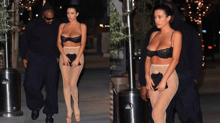 Bianca Censori usou bolsa para tampar as partes íntimas Bianca Censori usou bolsa para tampar as partes íntimas